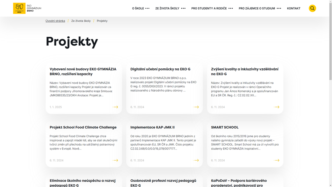 Stránka s projekty 