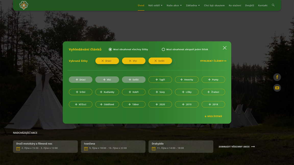 Vyhledávání článků dle oddílů a štítků