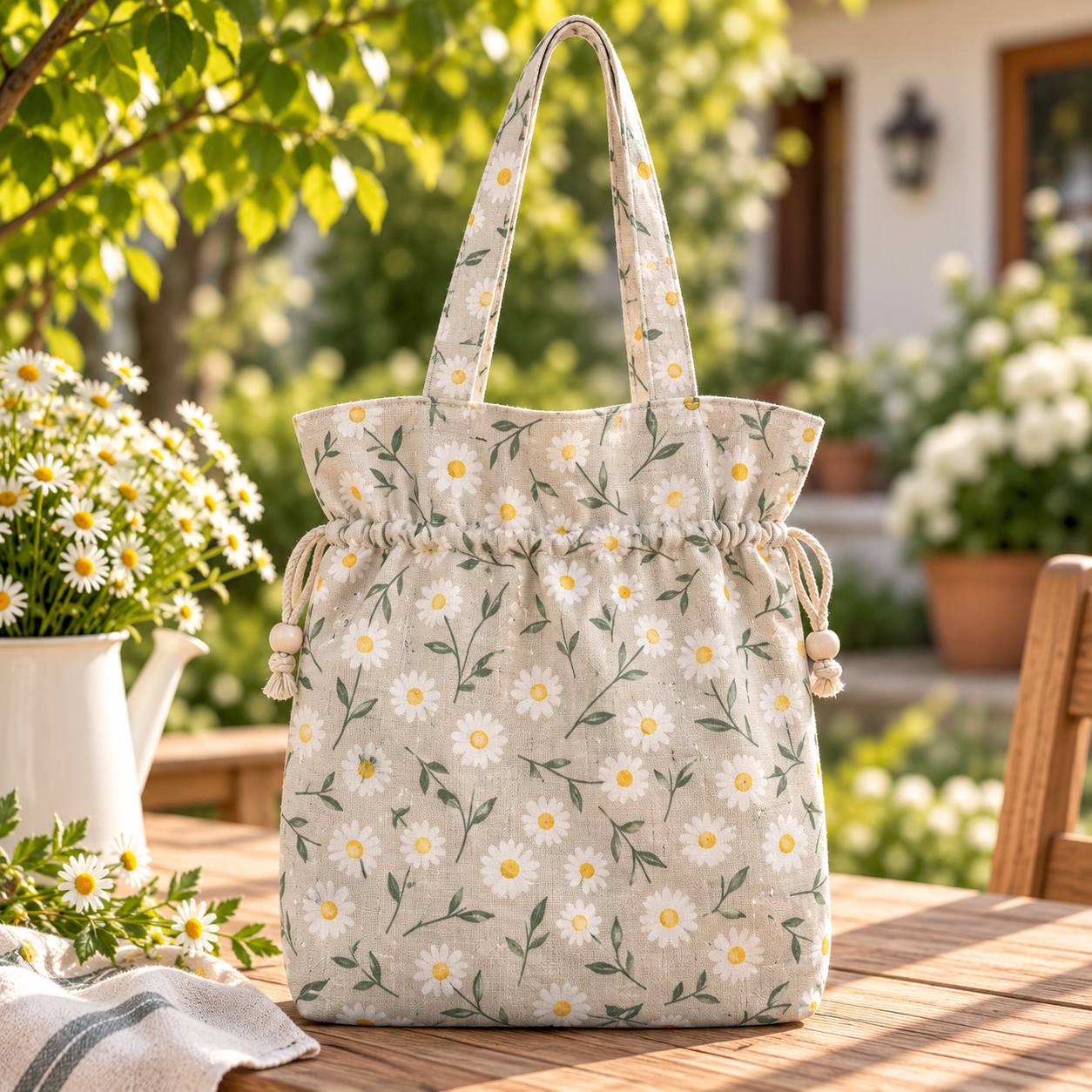 Obrázek produktu – Květinová lněná taška v zahradě
