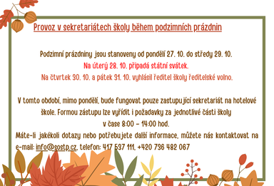 Provoz v sekretariátech školy během podzimních prázdnin