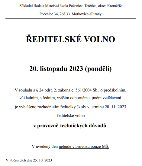 Ředitelské volno MŠ